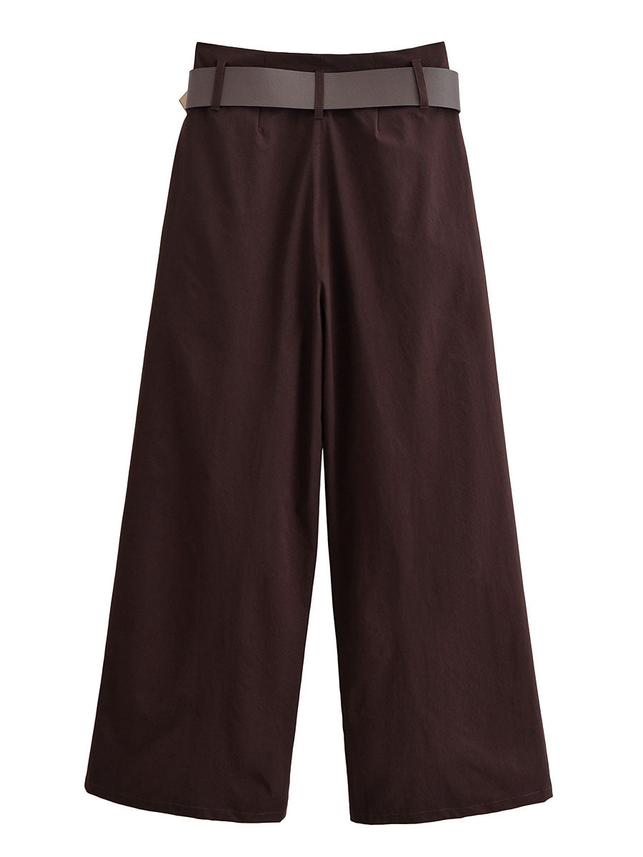 Flat front view of chocolate brown high-waisted wide-leg trousers with a matching brown belt