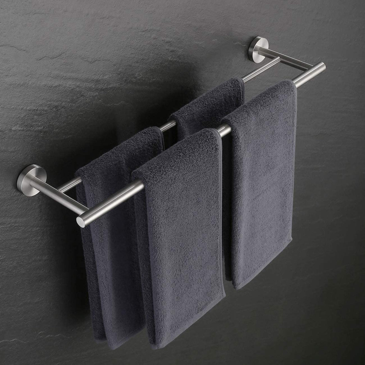 Double towel bar, brushed silver, 60 cm, mounted on dark wall with dark towels hanging