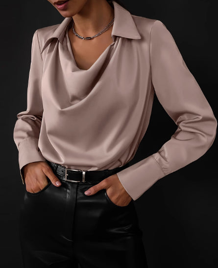 Cowl-Neck Collared Satin-Look Blouse in mauve