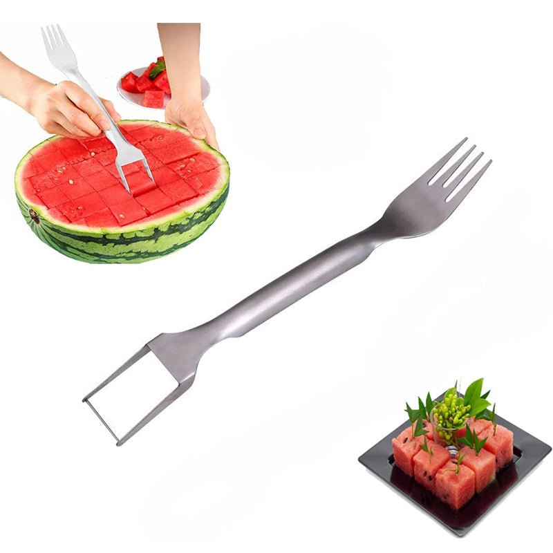2-in-1 stainless steel watermelon fork and cutter, silver, in use cutting watermelon, flat lay with plated cubes