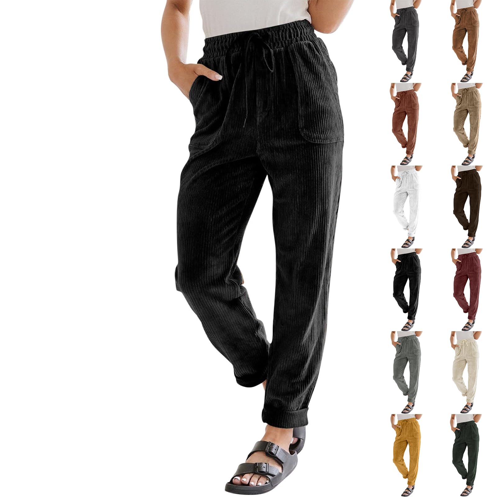 High-Waist Corduroy Pants with Drawstring