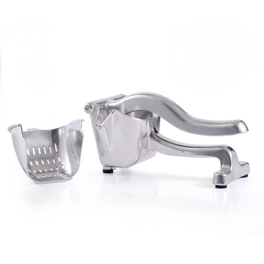 Aluminium hand-lever citrus press with detachable perforated bowl, on white background