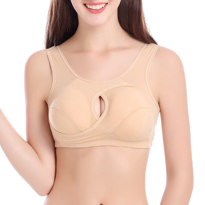Beige wire-free keyhole bra, front close-up on model, showing keyhole and cup seams