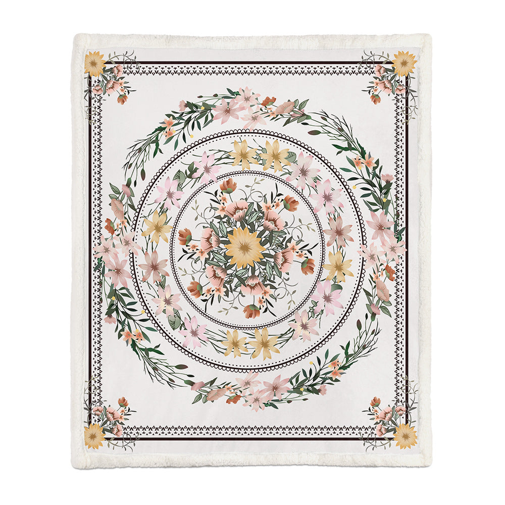 Floral Medallion Flannel Blanket with Sherpa Back