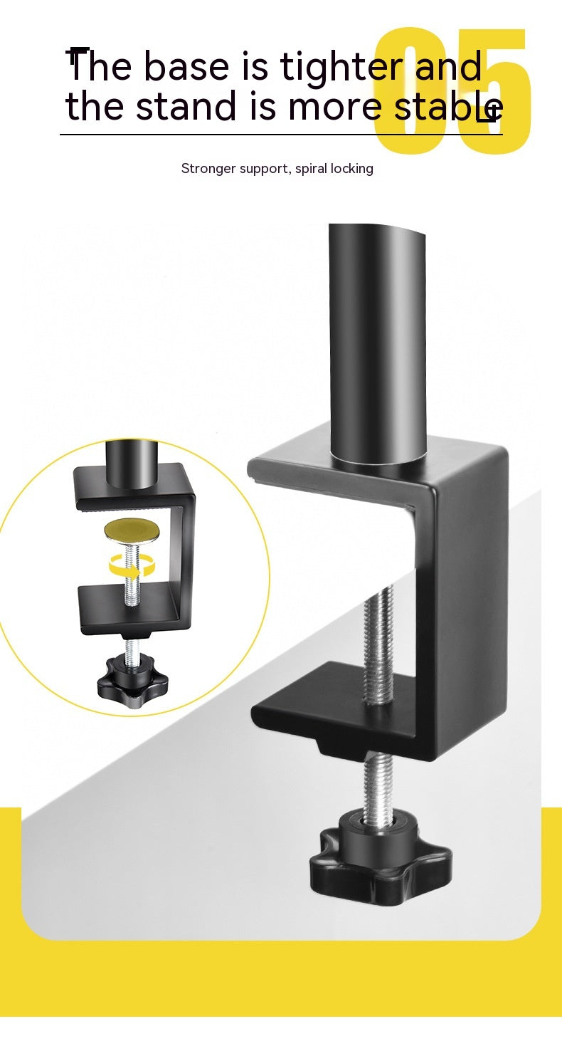 Close-up of desk clamp base with spiral locking mechanism, black, detail view