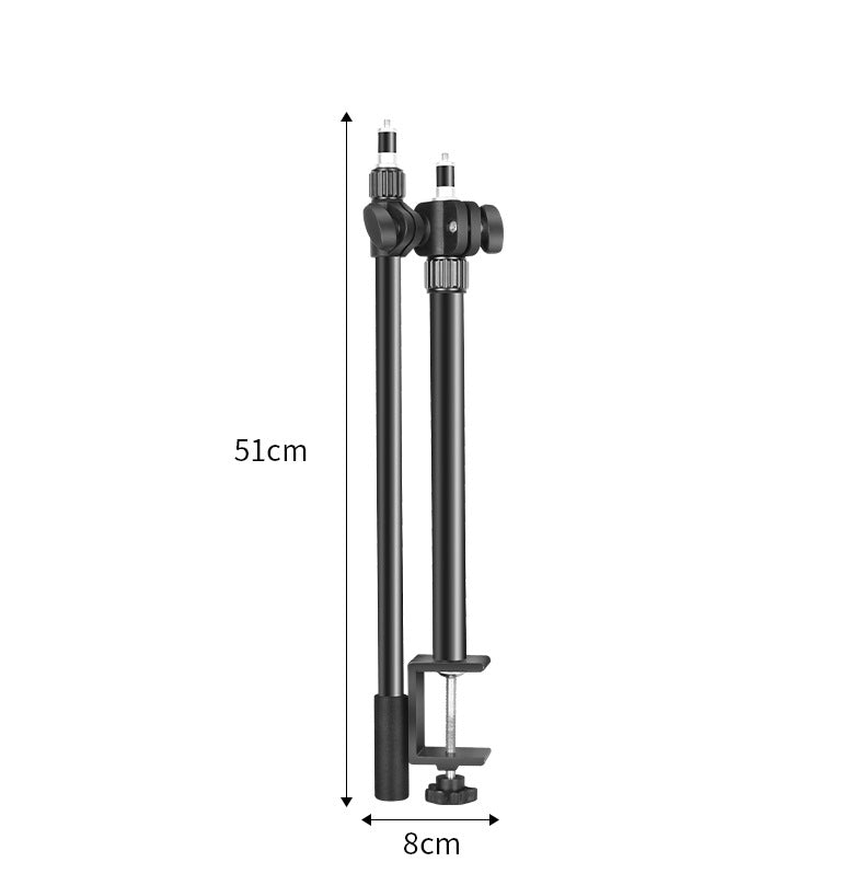 Side view of folded desk stand with clamp base, dimensions shown, black, compact form