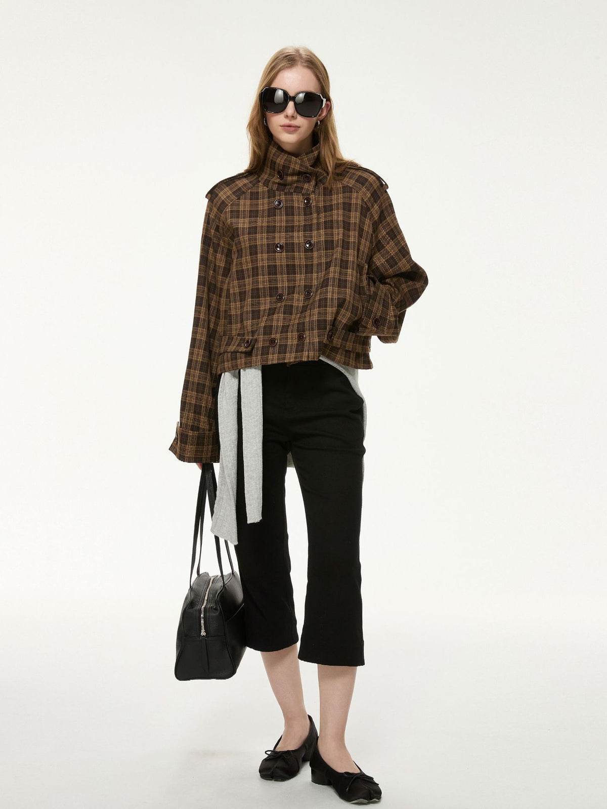 Cropped Check Jacket with Stand Collar and Double Buttons