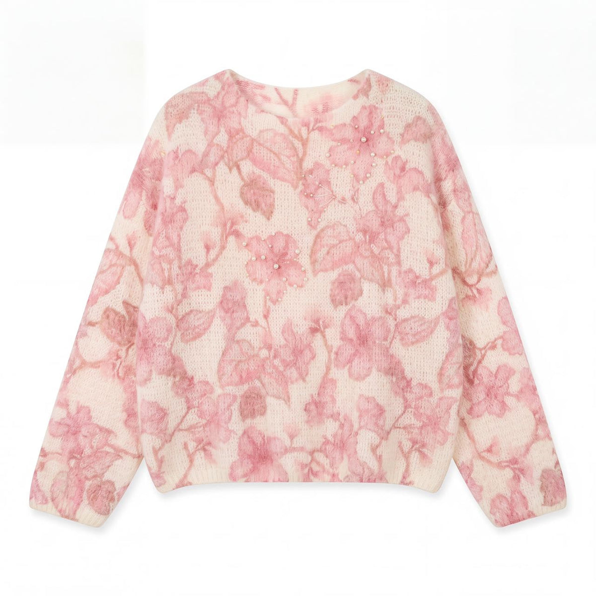 Tulip and Floral Print Fuzzy Knit Jumper, Wide Neck