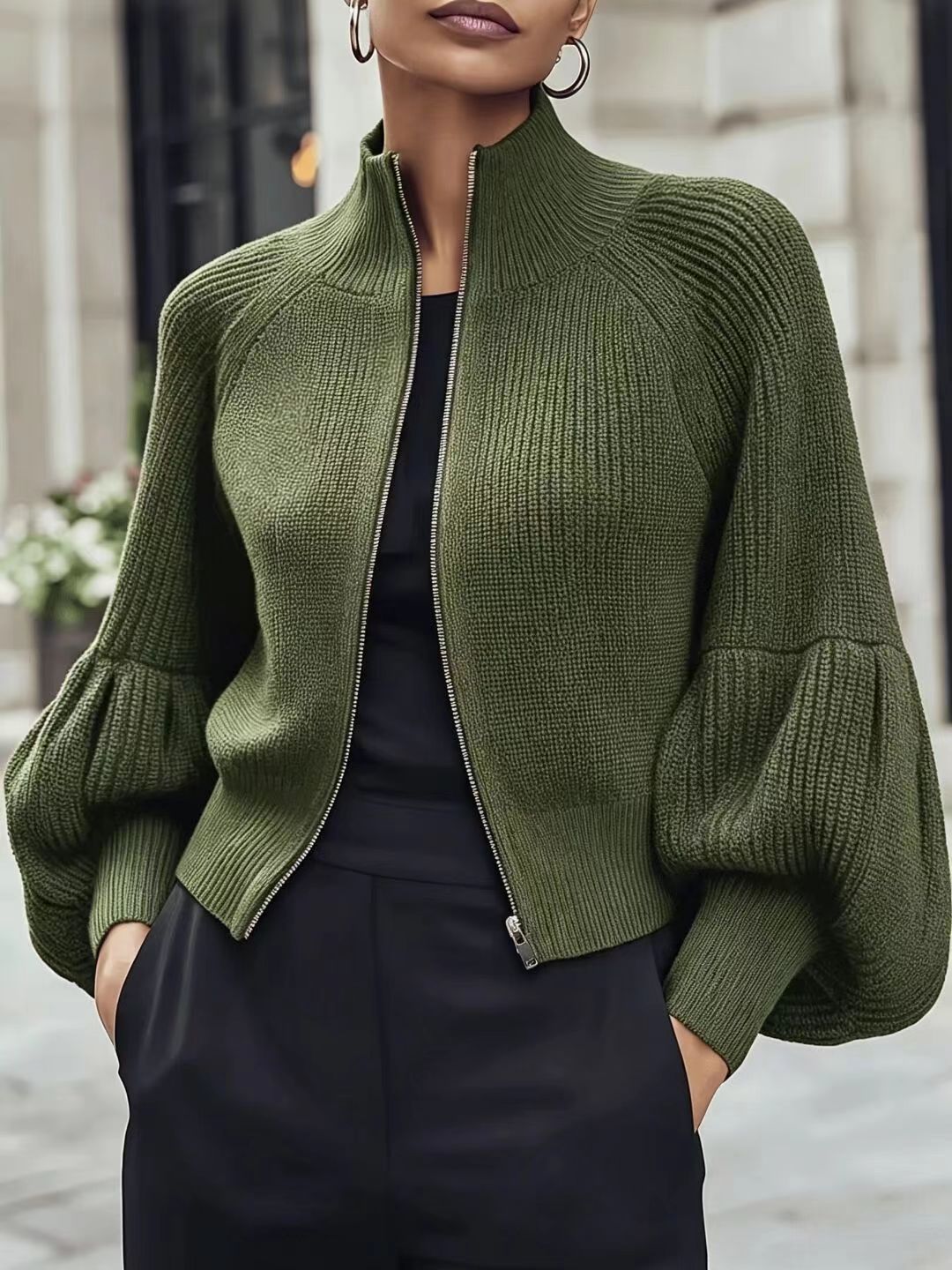 Zip-Up Rib Knit Cardigan with Balloon Sleeves in army green