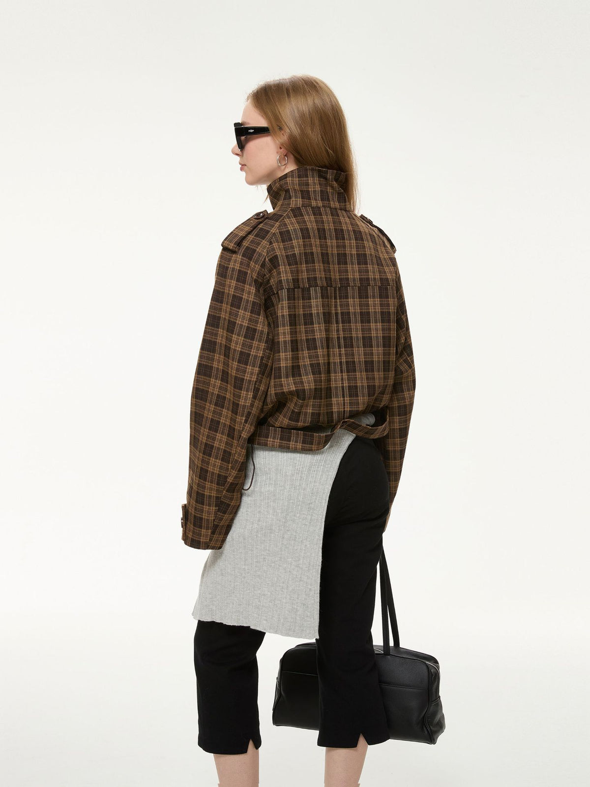 Cropped Check Jacket with Stand Collar and Double Buttons
