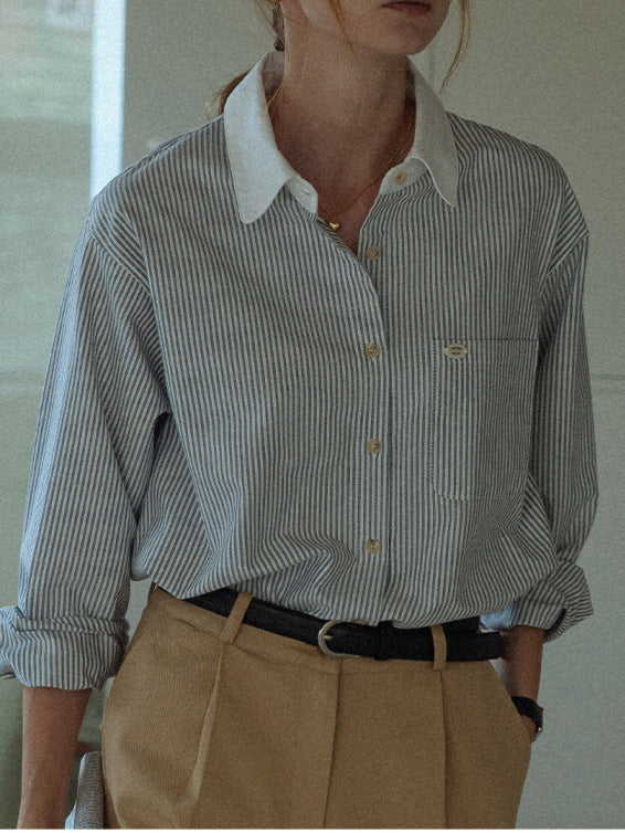 Contrast-Collar Blue Pinstripe Cotton Shirt