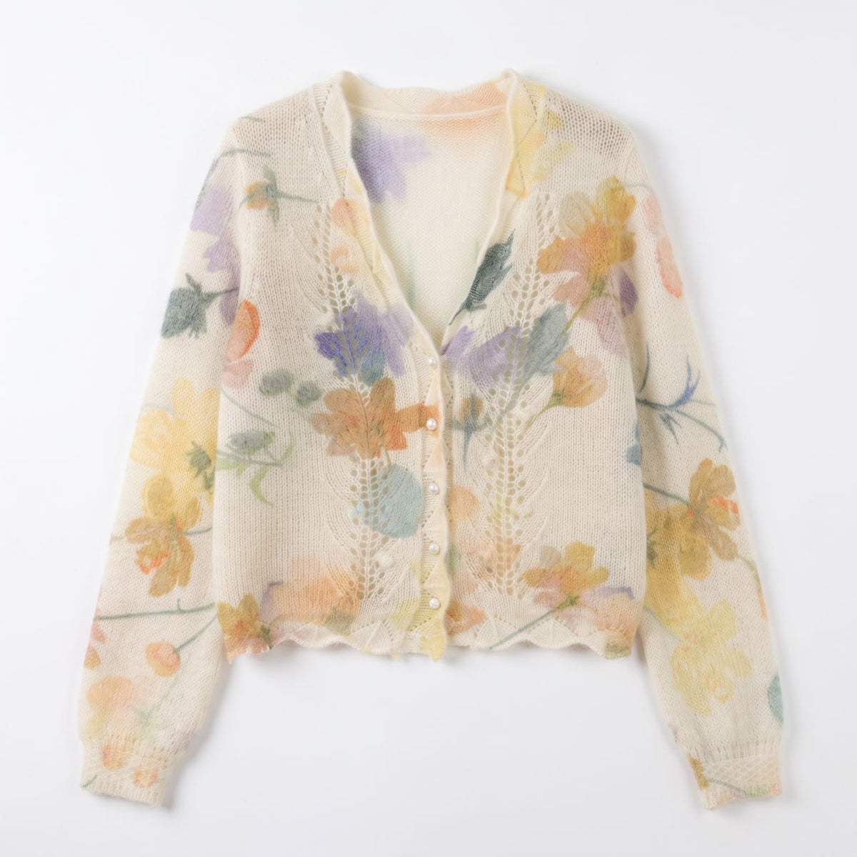 Floral Jacquard V-Neck Cardigan with Pearl-Look Buttons — view 3