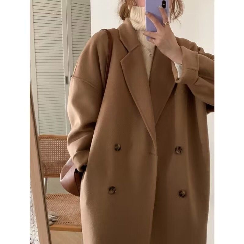 Long Oversized Double-Breasted Coat with Notch Lapel in khaki