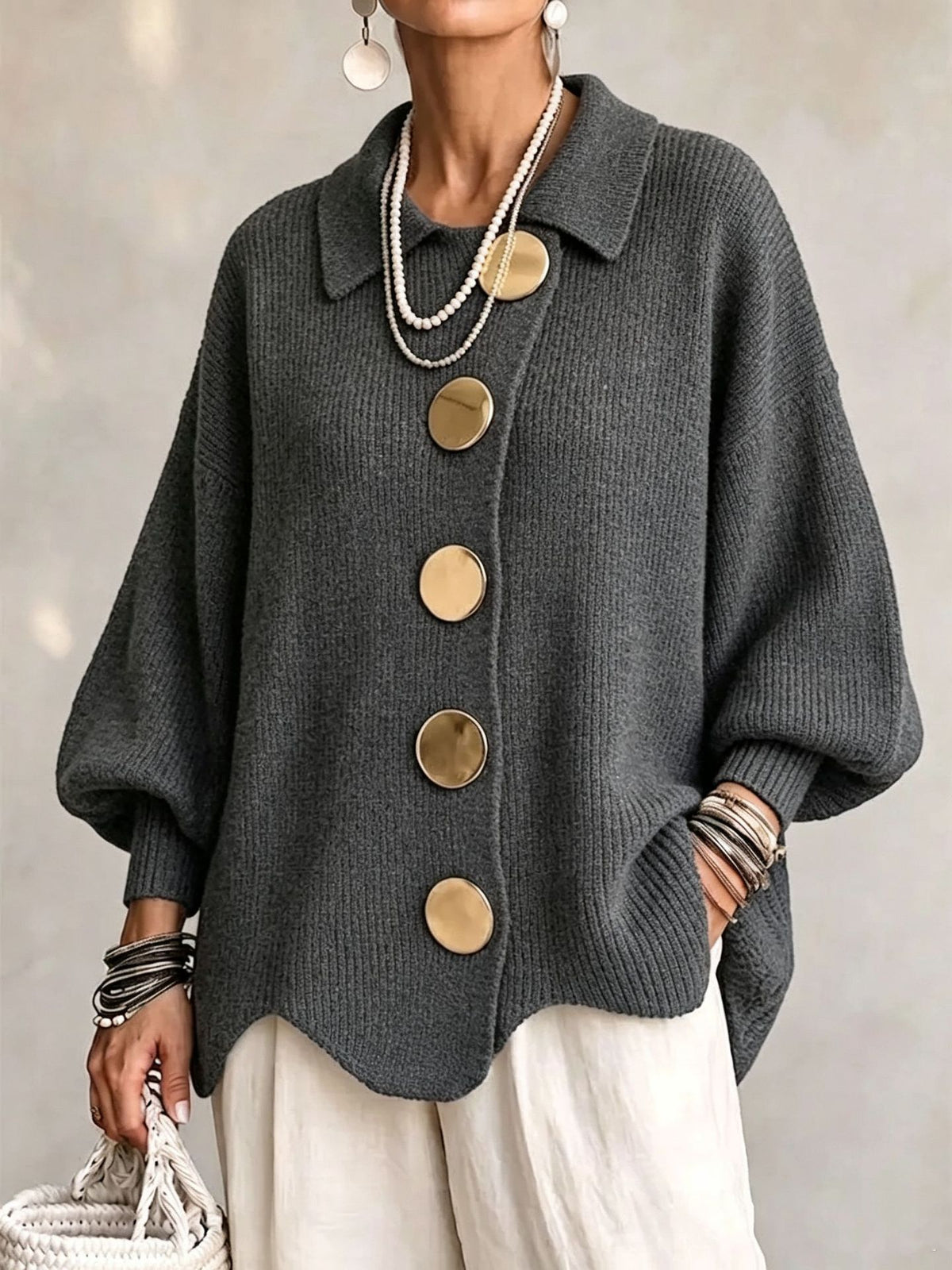 Collared Knit Cardigan with Oversized Buttons