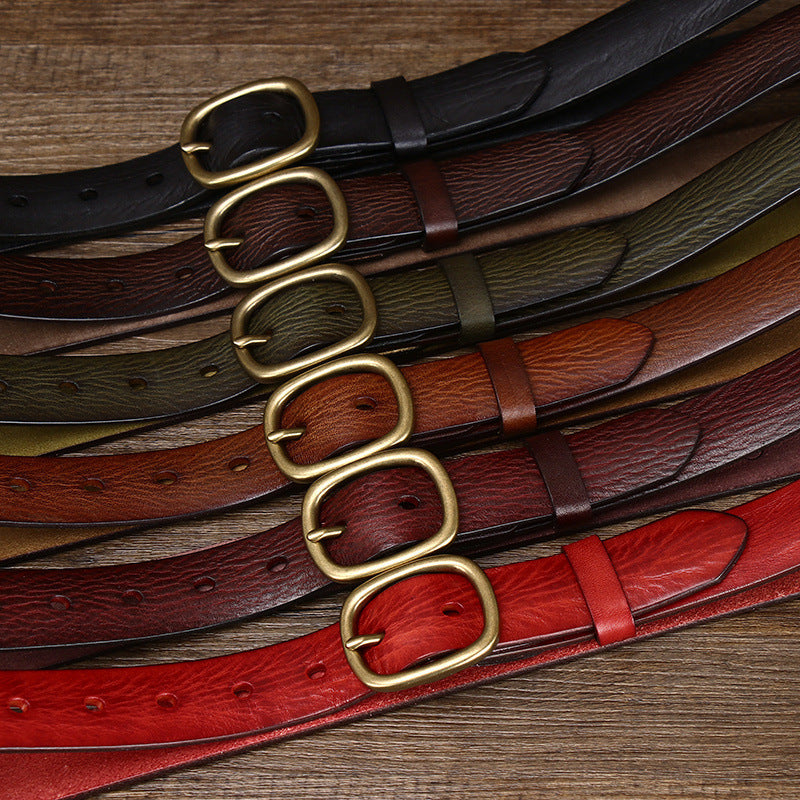 Vintage Leather Belt with Brass-Tone Buckle, 2.8 cm