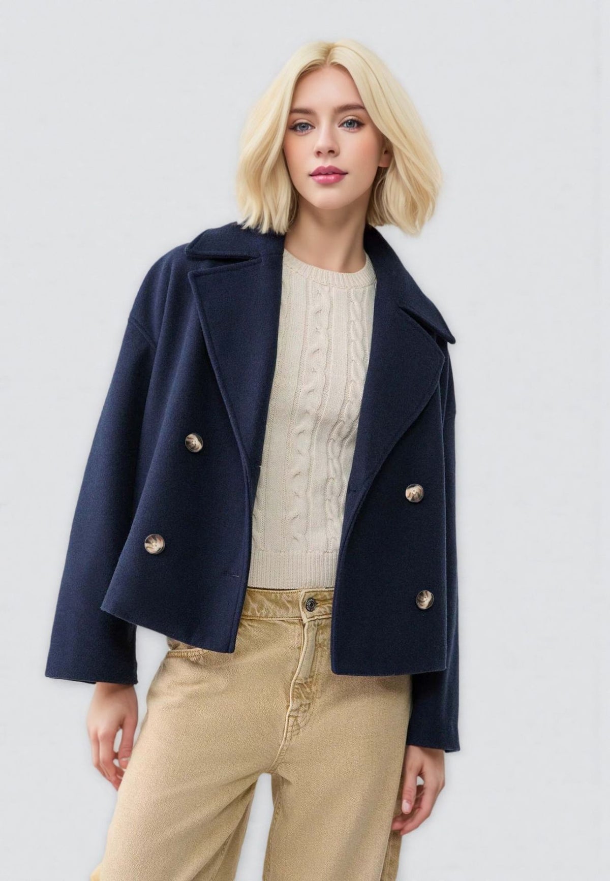 Cropped Double-Breasted Jacket with Gold-Tone Buttons in navy