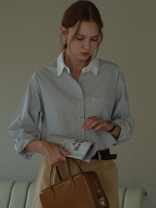 Contrast-Collar Blue Pinstripe Cotton Shirt