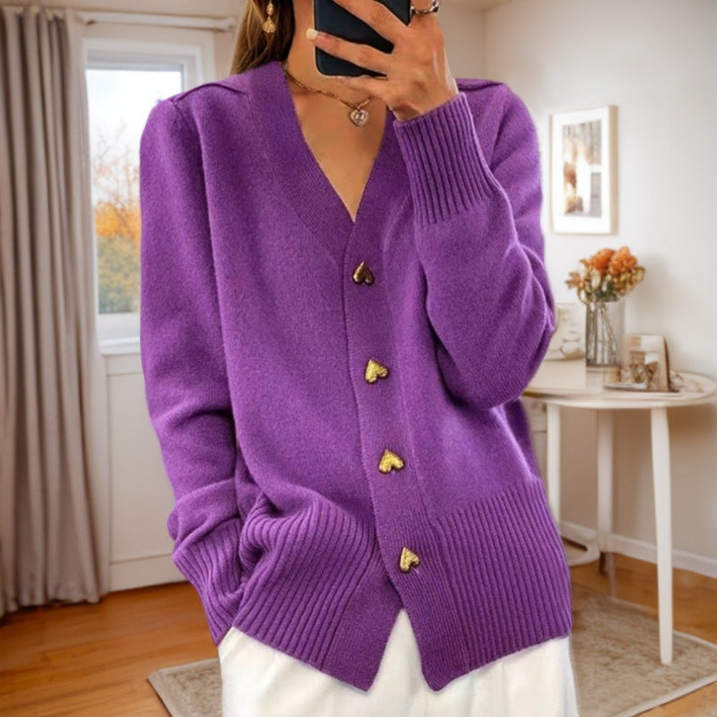 V-Neck Knit Cardigan with Heart Buttons