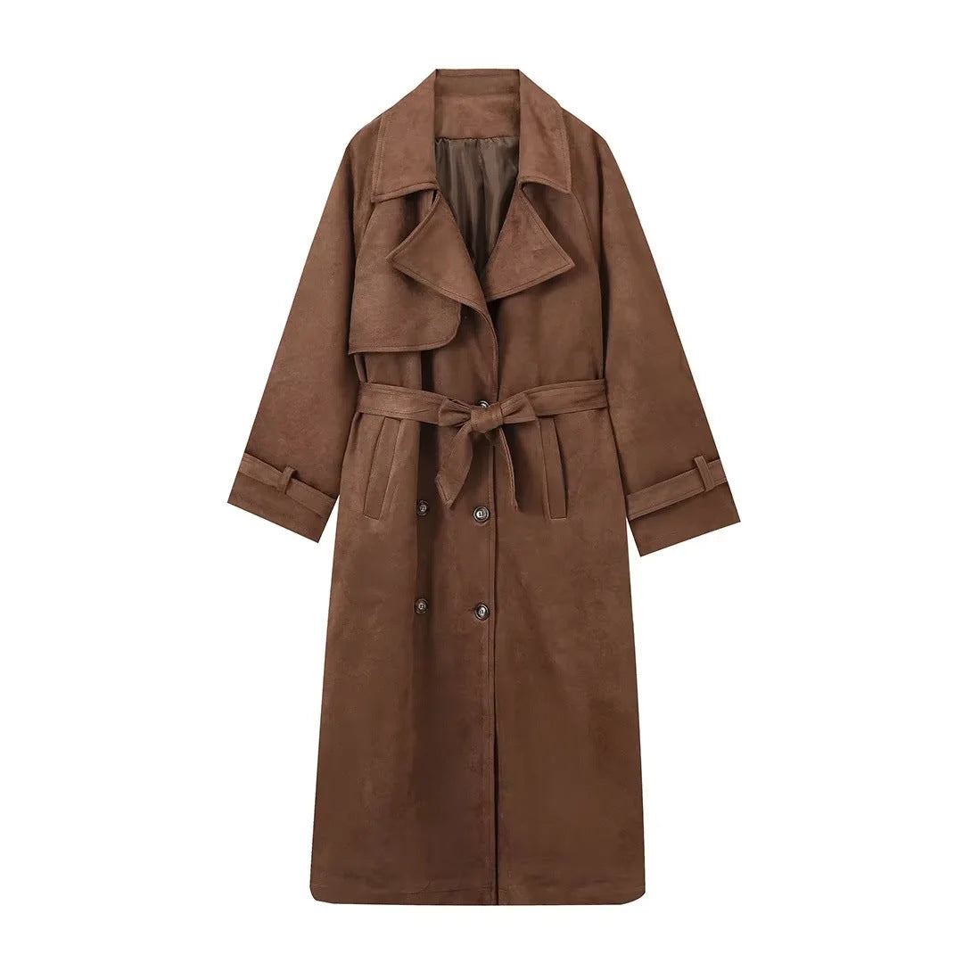 Belted Suede-Look Trench Coat