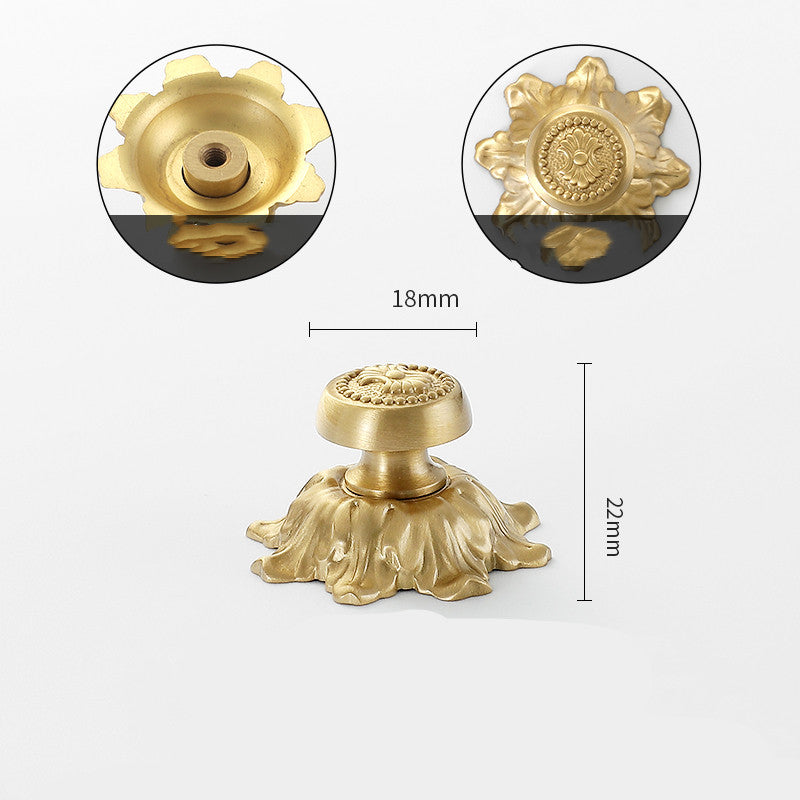 Gold-tone floral cabinet knob, top view with detail of base and flower design, flat lay on white background