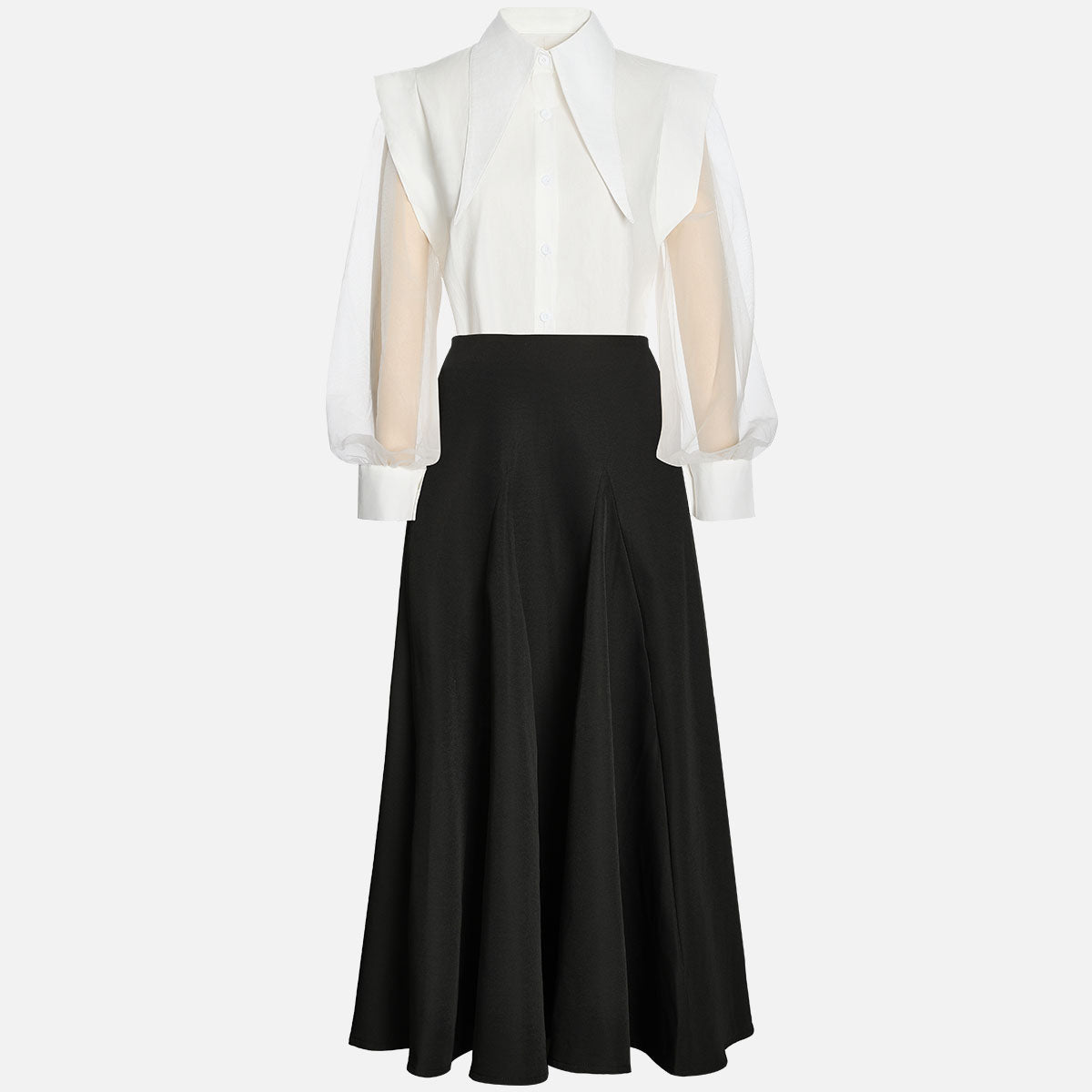 White sheer-sleeve shirt and black maxi skirt set laid flat, front view on a white background