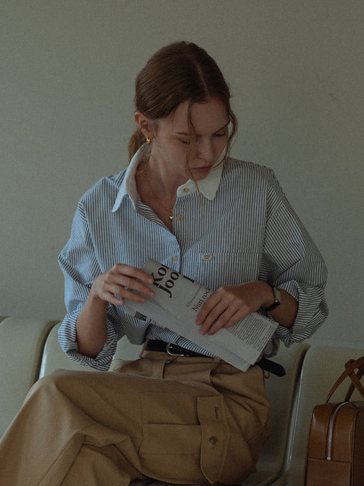 Contrast-Collar Blue Pinstripe Cotton Shirt