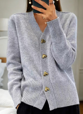 V-Neck Knit Cardigan with Heart Buttons