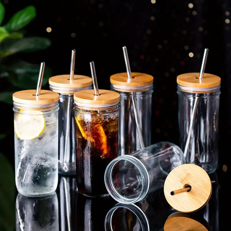 Premium Glass Tumbler Set with Bamboo Lids & Straws - 24oz