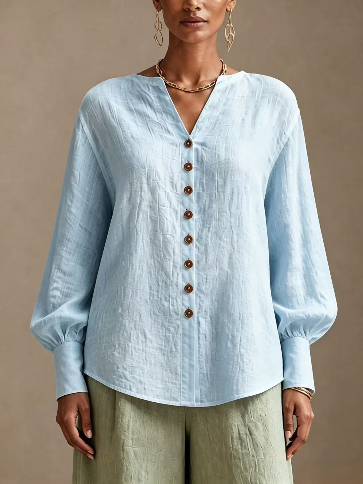 V-Neck Lantern-Sleeve Blouse in blue