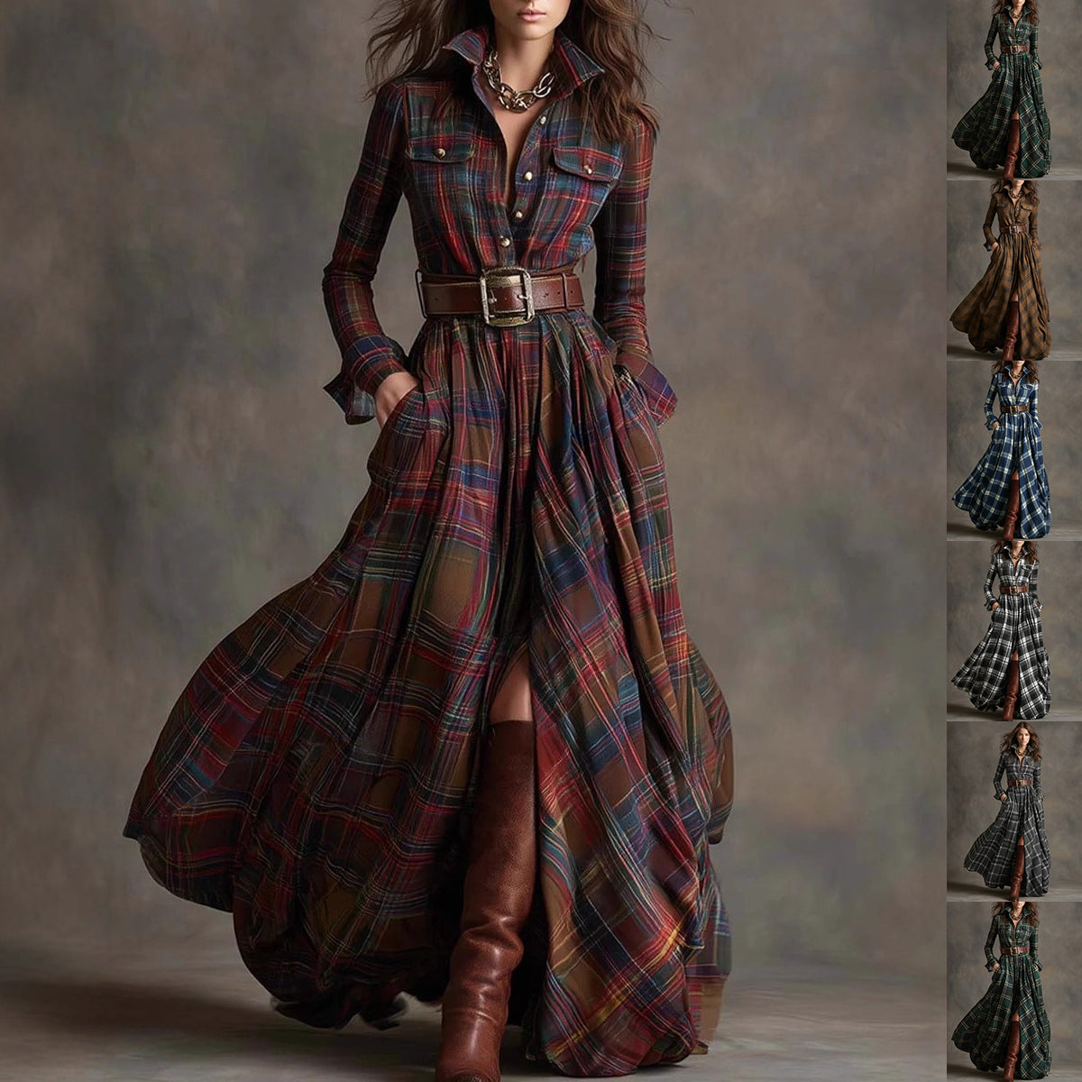 Plaid maxi shirt dress in red and brown check, front view on model with belt and boots