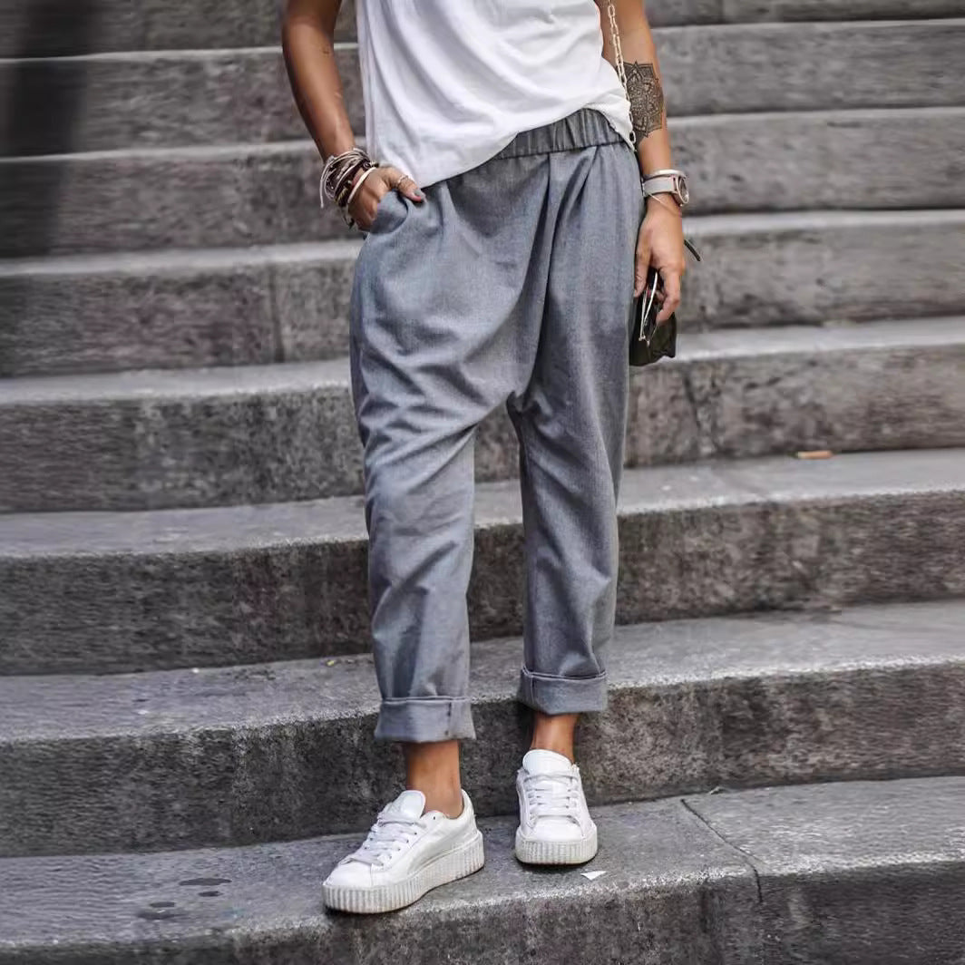High-Waist Elastic Harem Trousers with Pockets