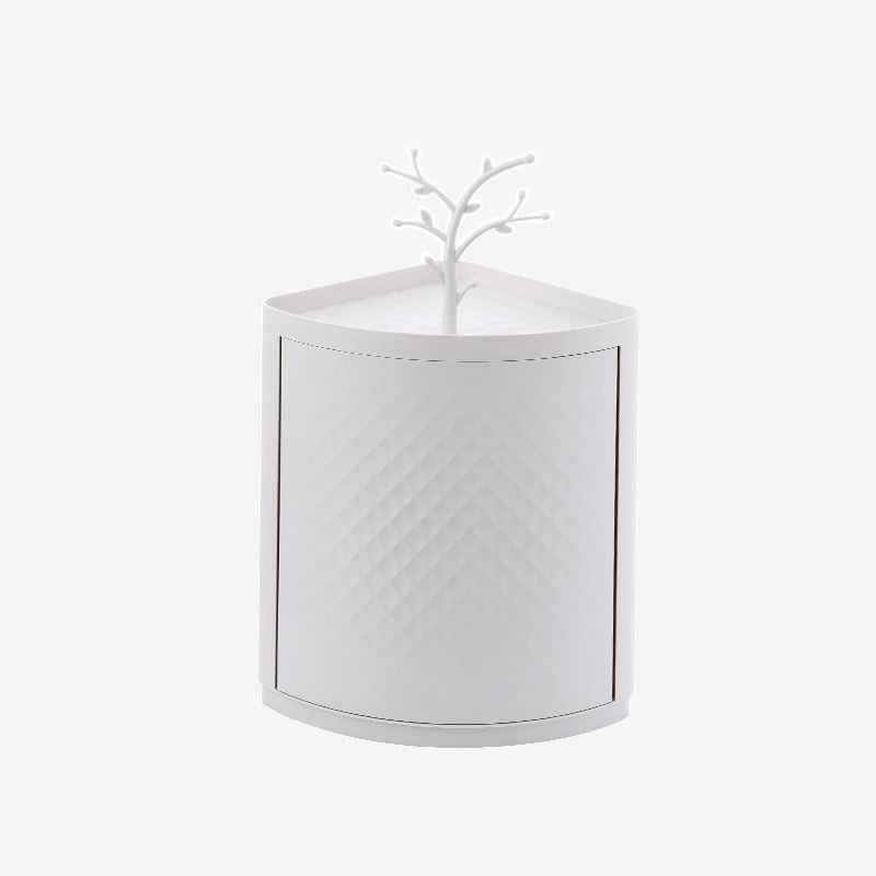 White rotating corner bathroom organiser with branch-shaped top piece, front view against white background