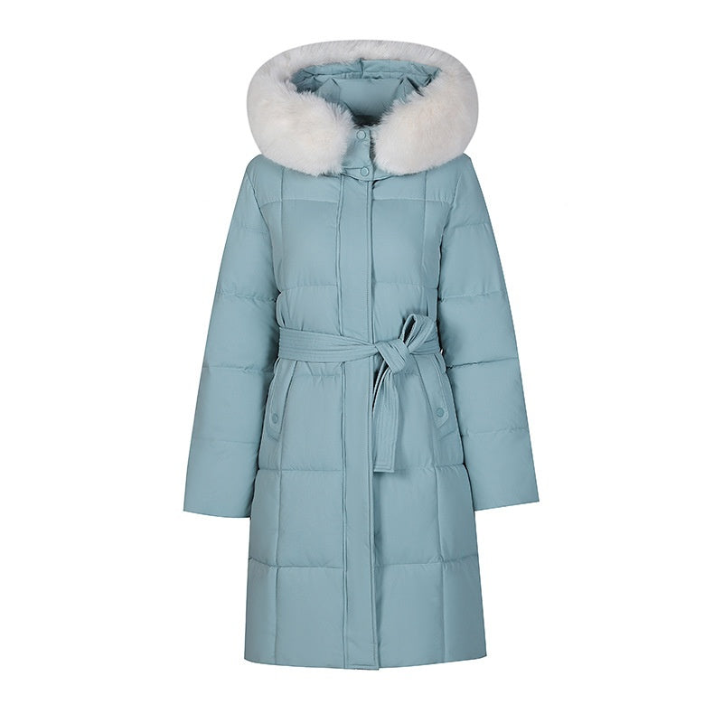 Mid-Length Padded Coat with Faux-Fur Hood and Tie Belt in blue gray