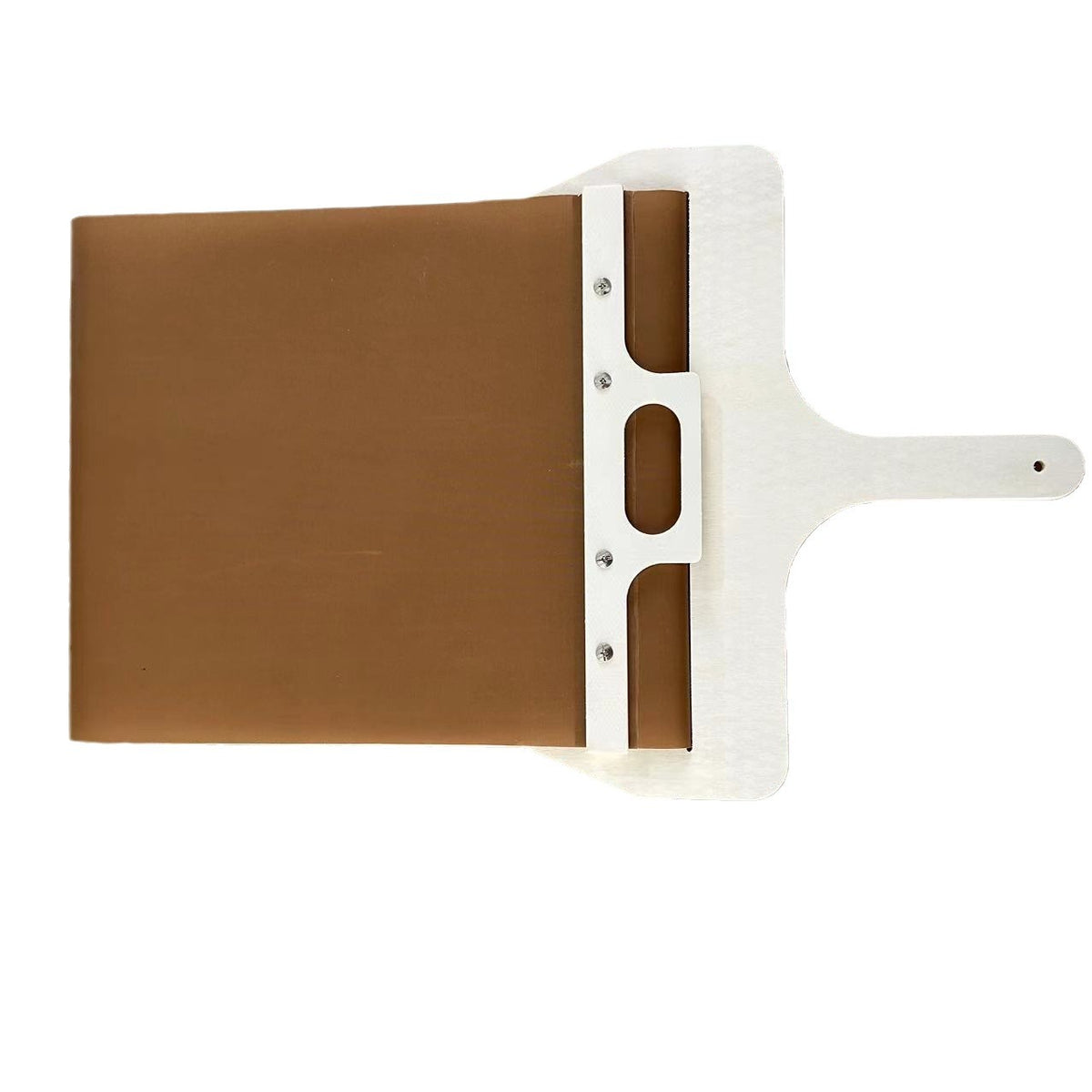 Sliding pizza peel with wooden frame, side view on white background