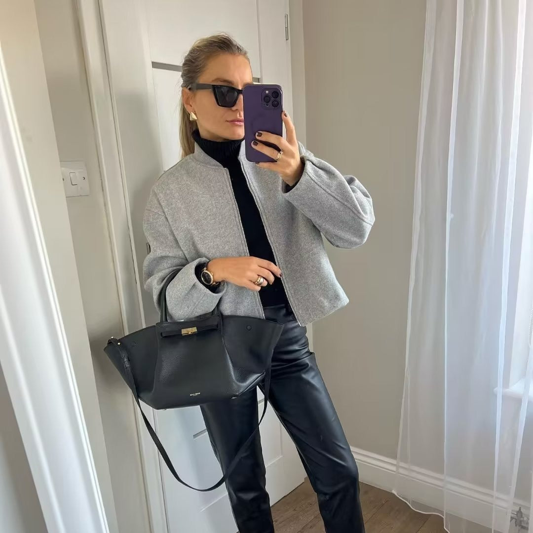 Cropped Bomber Jacket with Stand Collar