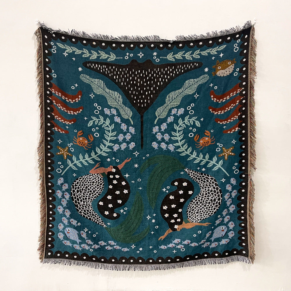 Woven Tapestry Throw with Fringe, 130 × 150 cm