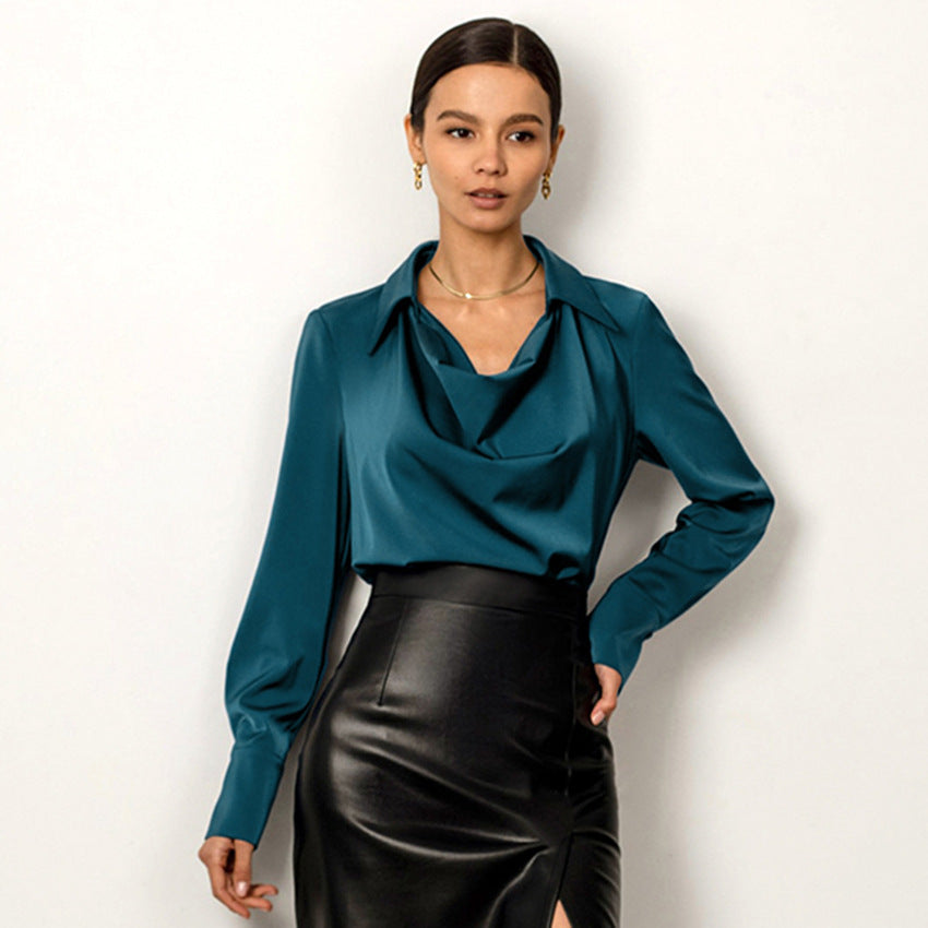 Cowl-Neck Collared Satin-Look Blouse in teal — view 2