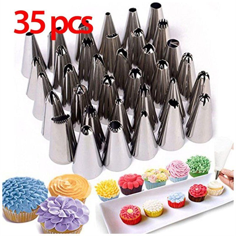 35-piece stainless steel flower piping nozzle set, silver nozzles arranged in a group, with decorated cupcakes showing