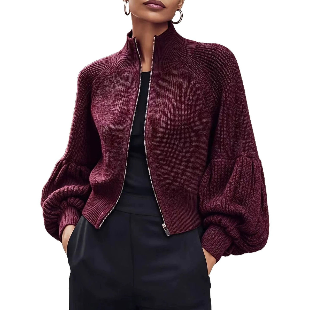 Zip-Up Rib Knit Cardigan with Balloon Sleeves in wine red, front view on model, against white background