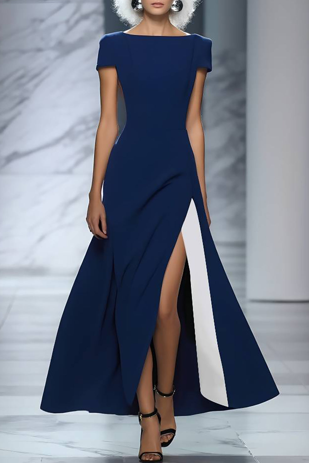 Navy boat-neck maxi evening dress with side slit, short sleeves, fitted bodice, worn by model on runway