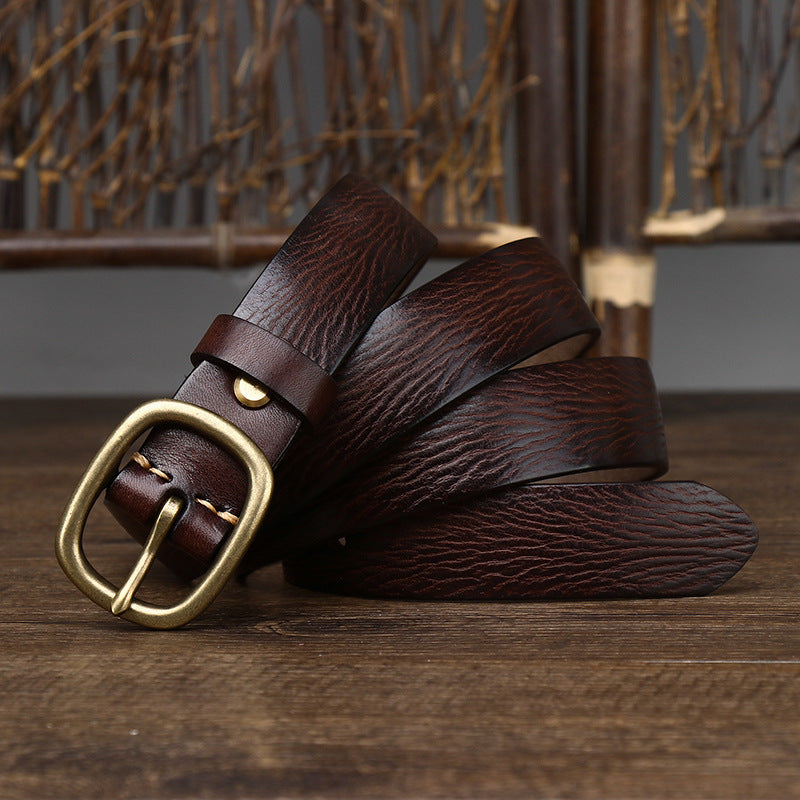Vintage Leather Belt with Brass-Tone Buckle, 2.8 cm