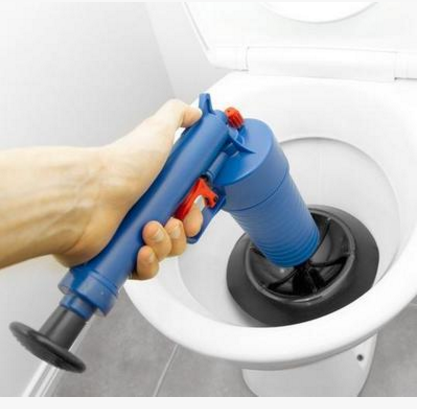 Blue pump-action drain tool with red trigger used in a white toilet bowl
