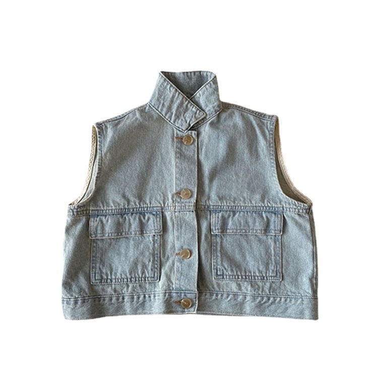 Light blue denim vest on a white background