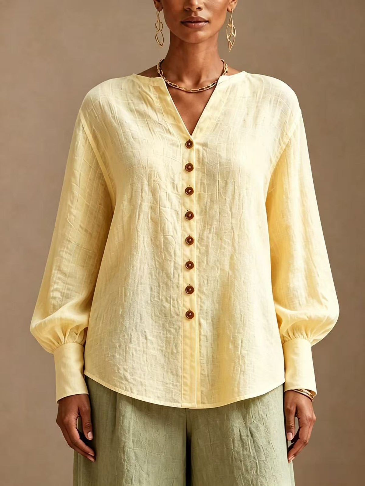 V-Neck Lantern-Sleeve Blouse in yellow