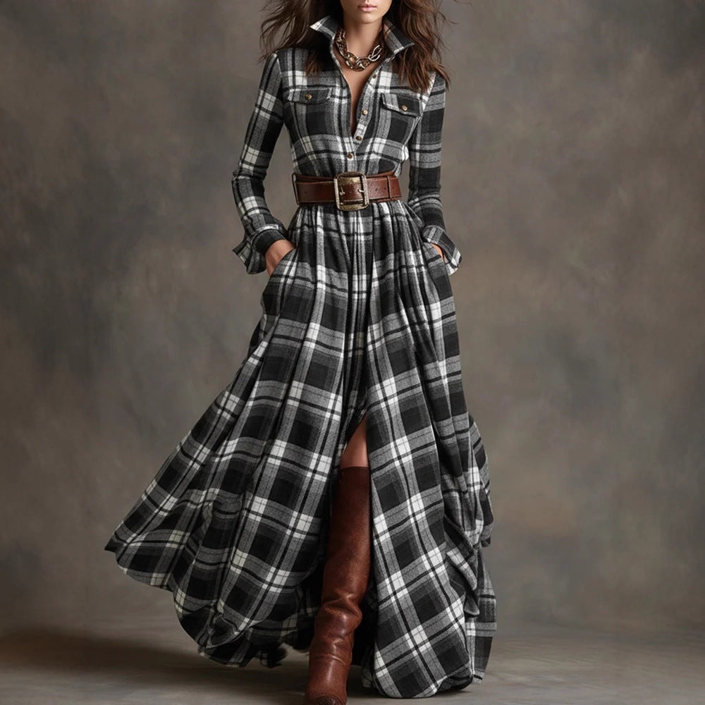Plaid maxi shirt dress in black and white check, front view on model with belt and boots