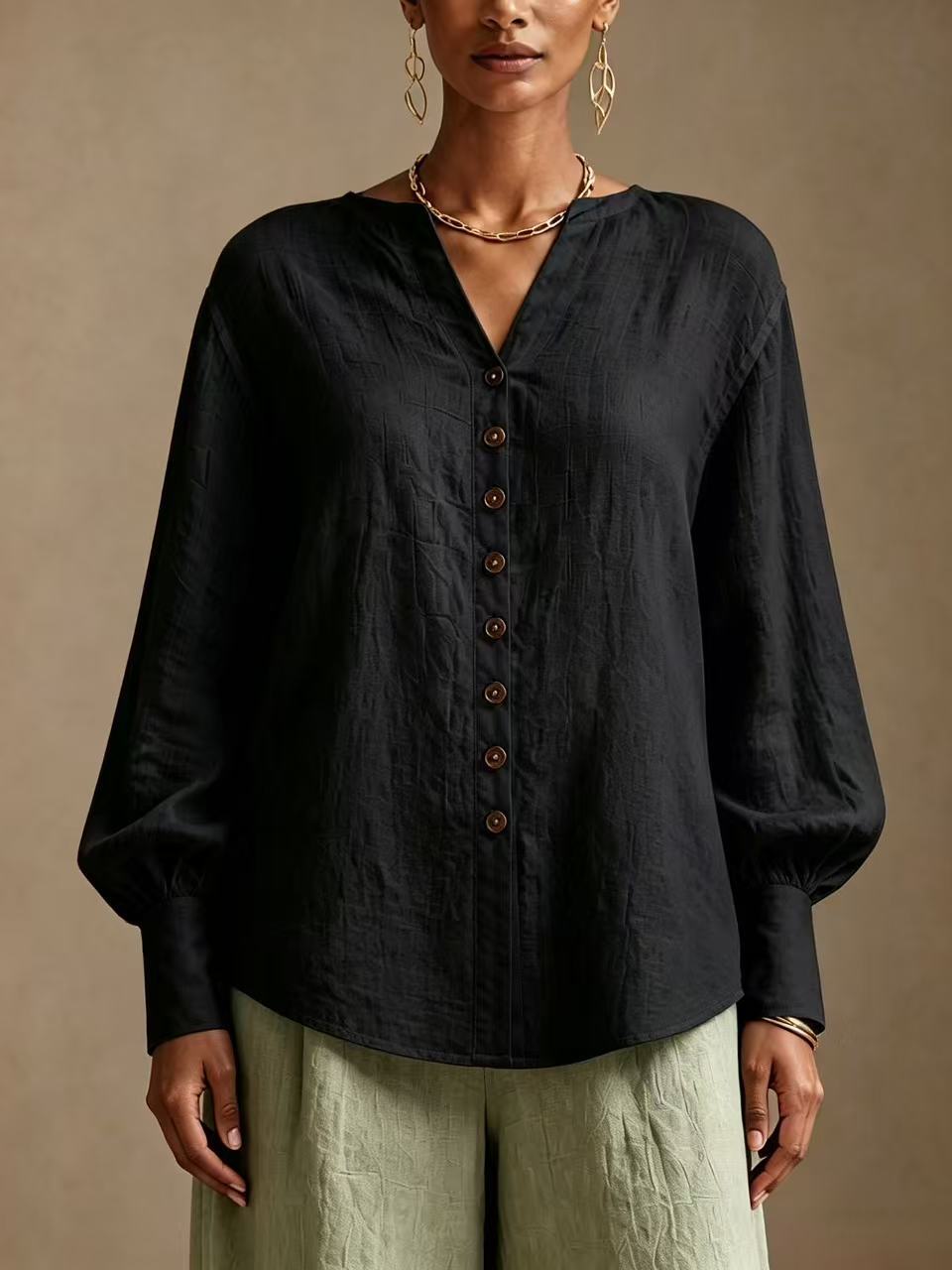 V-Neck Lantern-Sleeve Blouse in black