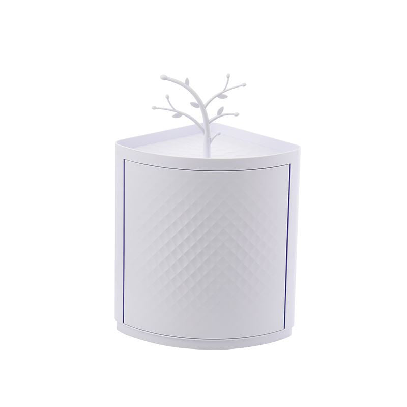 White rotating corner bathroom organiser with branch-shaped top piece, side view against white background