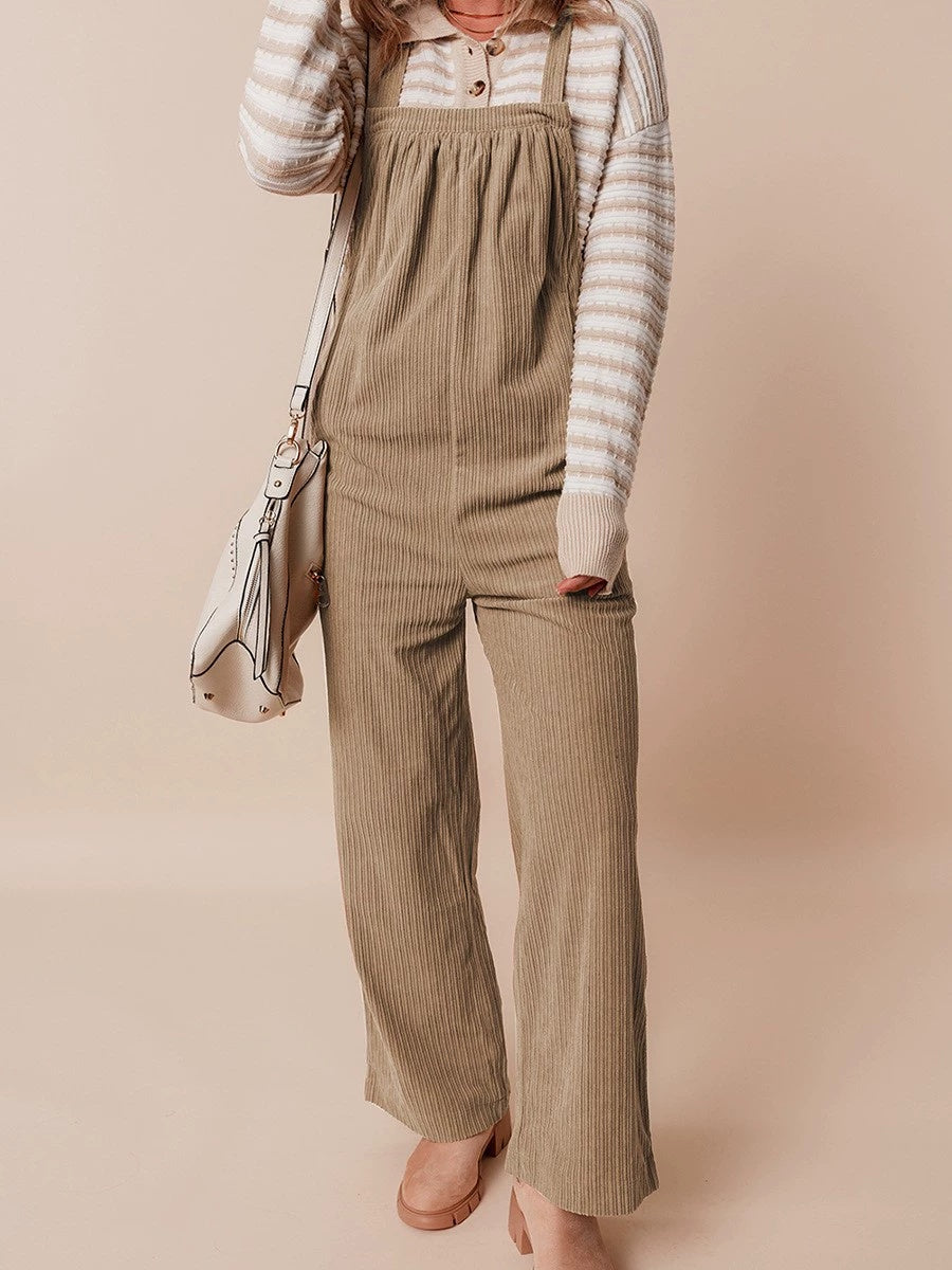 Corduroy Wide-Leg Dungarees with Pockets in khaki