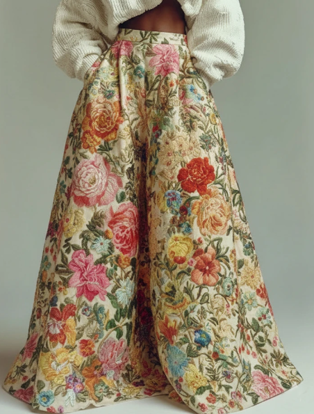 Floral tapestry-print wide-leg trousers on model, front view, high waist, floor-length, side pockets, vintage floral pattern