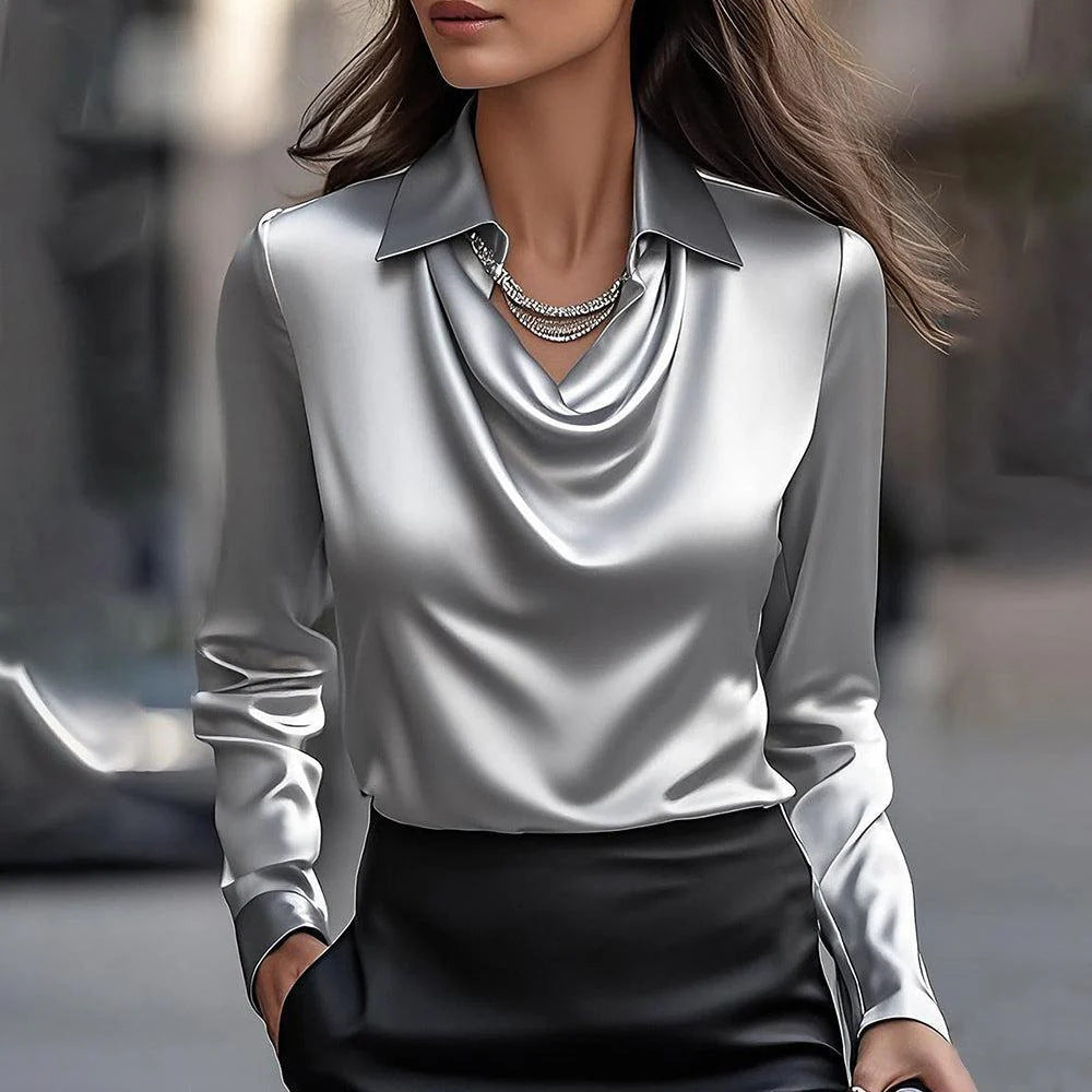 Cowl-Neck Collared Satin-Look Blouse in grey
